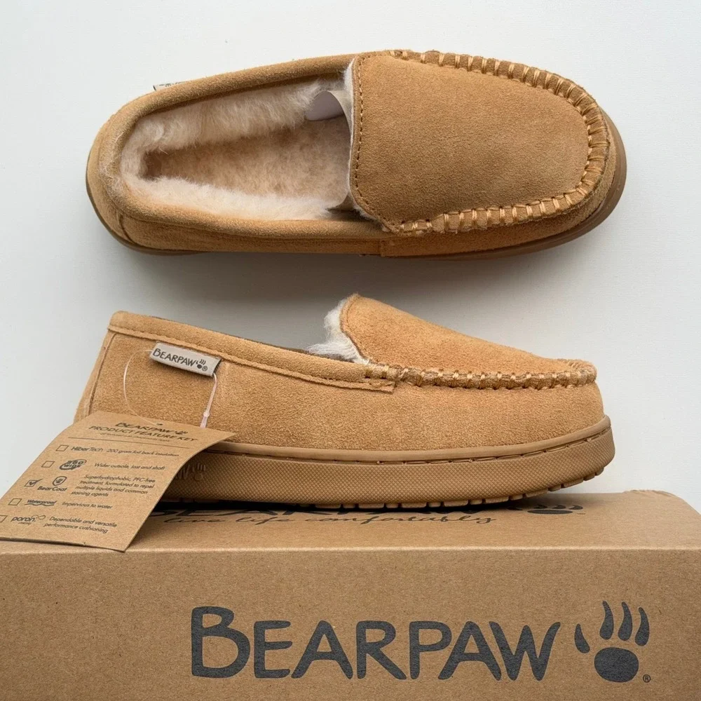 Bearpaw Jamie Youth Slippers Size 2 Iced Coffee Brown Suede Moccasins Faux Fur
